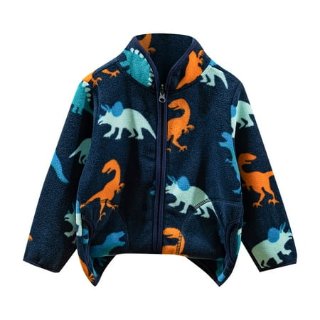 GEZHEN Boys' Tops Children's Polar Fleece Dinosaur Print Stand Collar Warm Autumn and Winter Baby Coats Toddler Fall ' Zipper Long Sleeve Jacket with Pockets School Daily Wear
