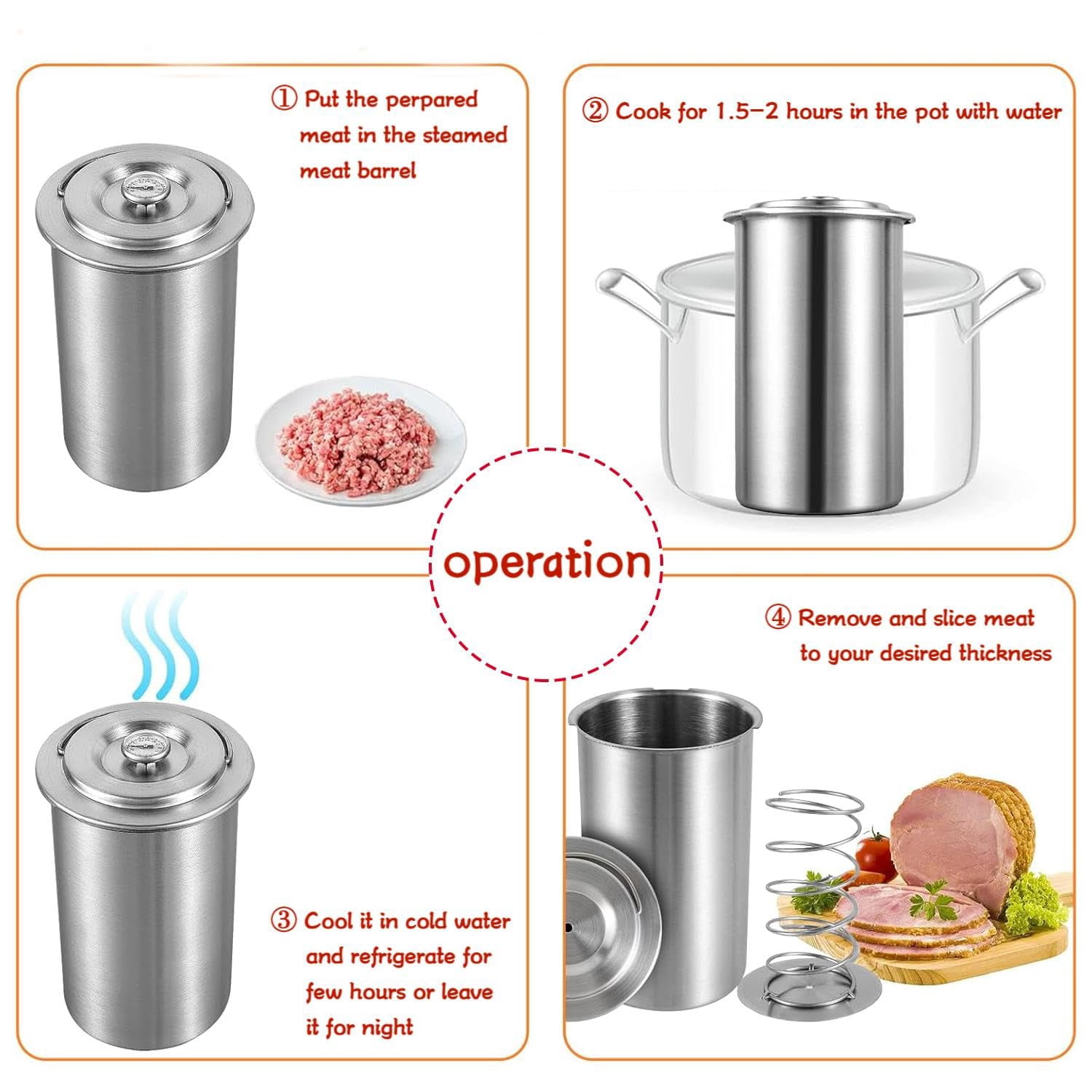 Meat Press Mold for Deli Meats.Stainless Steel Ham Maker with Thermometer for Homemade Lunchmeat Bacon, Silver