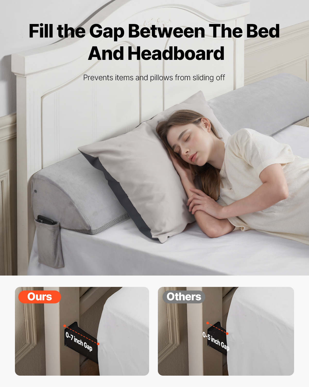 VEVOR Bed Wedge Pillow for Headboard, King Size,76"x10"x6" Bed Gap Filler, Fill 0-7" Gap Between Headboard and Mattress,Soft Plush Mattress Wedge Headboard Pillow with Side Pocket,for Backrest Gray