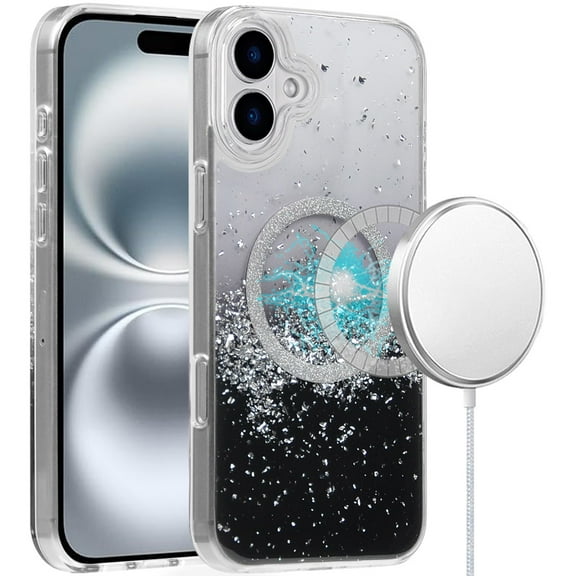 For iPhone 16 6.1 inch Magnetic Glitter Epoxy Transparent Hybrid - Silver Black