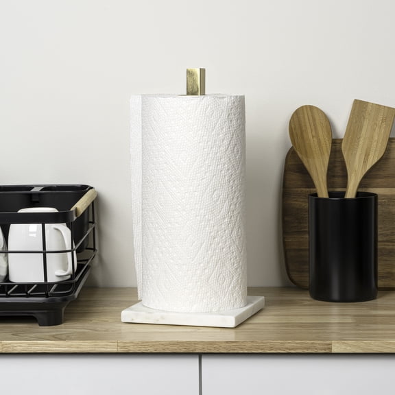 happimess PRH2002A Jules Modern Glam Square Metal and Non Slip Weighted Marble Base Paper Towel Holder, Gold/White