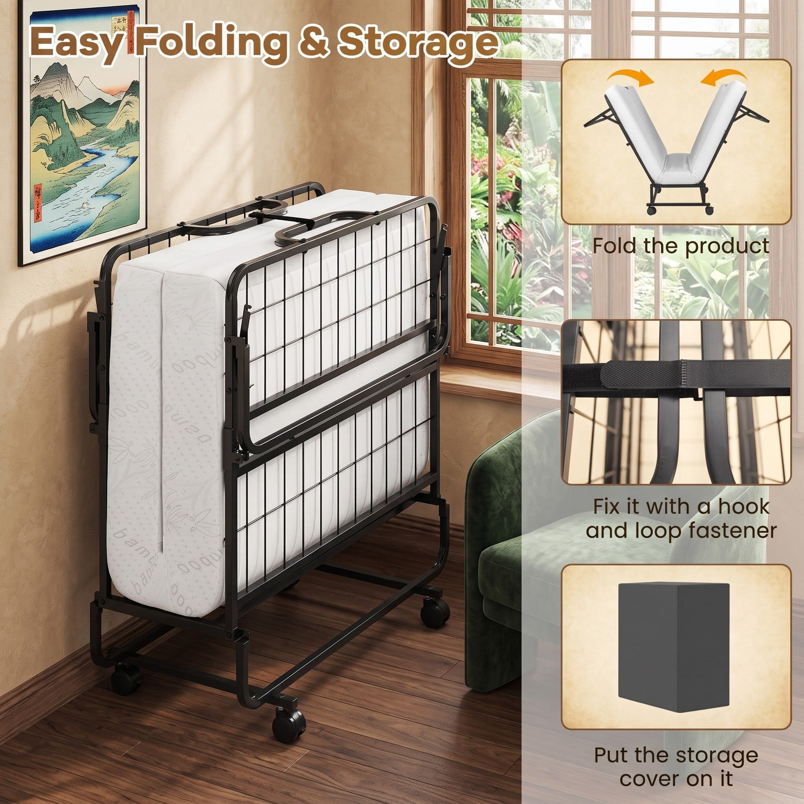 Furnibear Twin Size Folding Bed with 5 Inch Foam Mattress and Wheels for Guest Room and Apartment with Space Saving Design, Black
