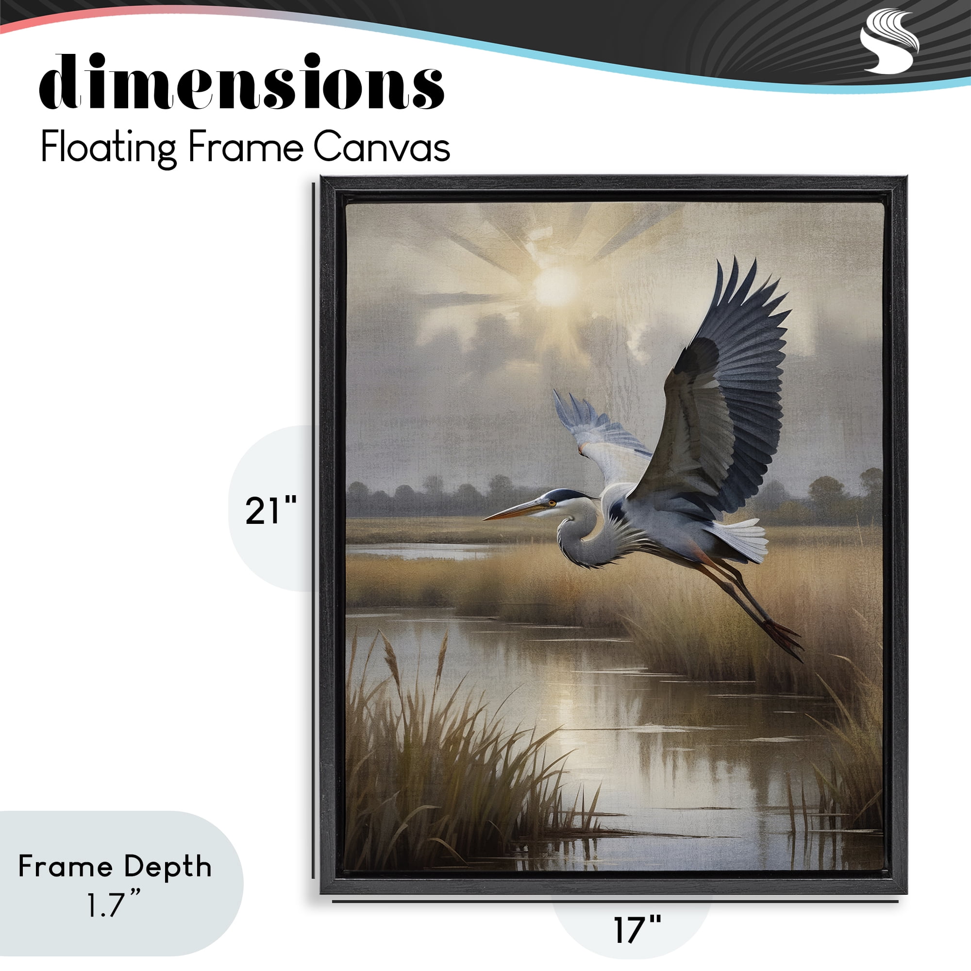 Stupell Industries Heron Flight over Wetlands Black Framed Floater Canvas Wall Art, design by Susan Arnot