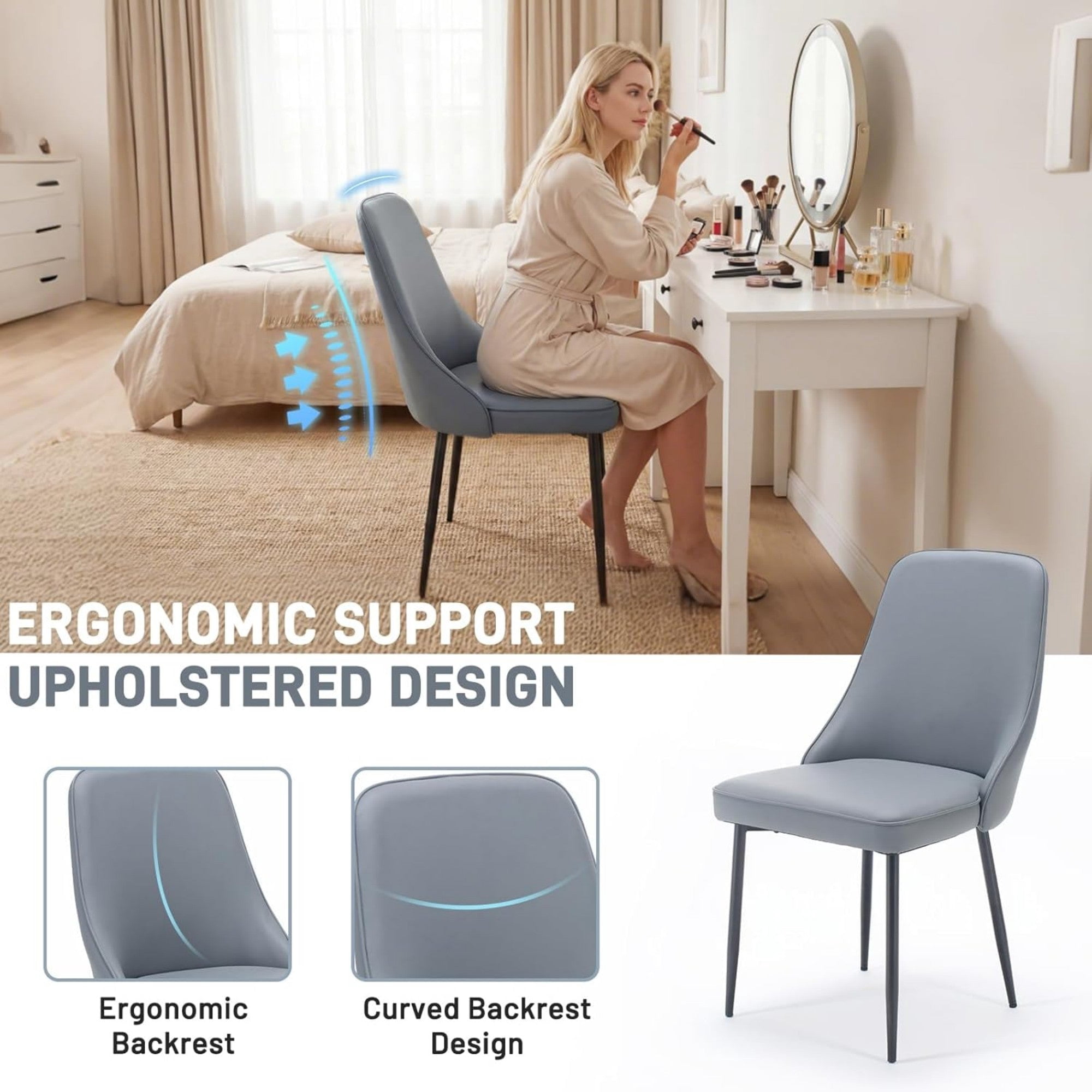 Sailvan Modern Dining Chairs Set of 4,Faux Leather Upholstered Kitchen Chairs with Ergonomic Curved Back and Metal Legs,Waterproof Side Chairs for Dining Room Grey