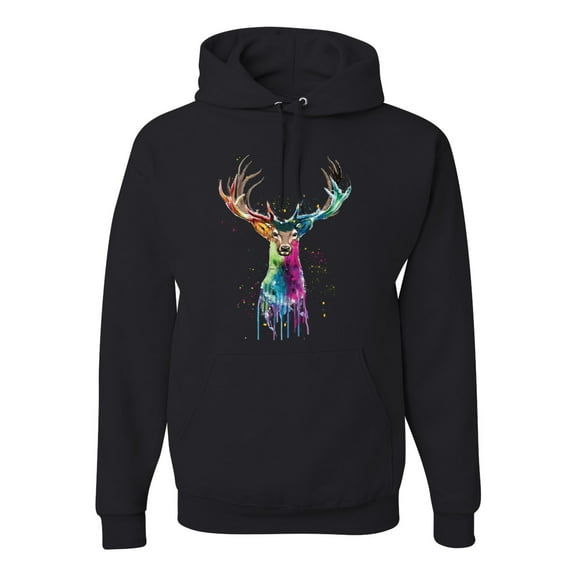 Wild Bobby, Colorful Paint Splatter Deer Head, Animal Lover, Unisex Graphic Hoodie Sweatshirt, Black, Small