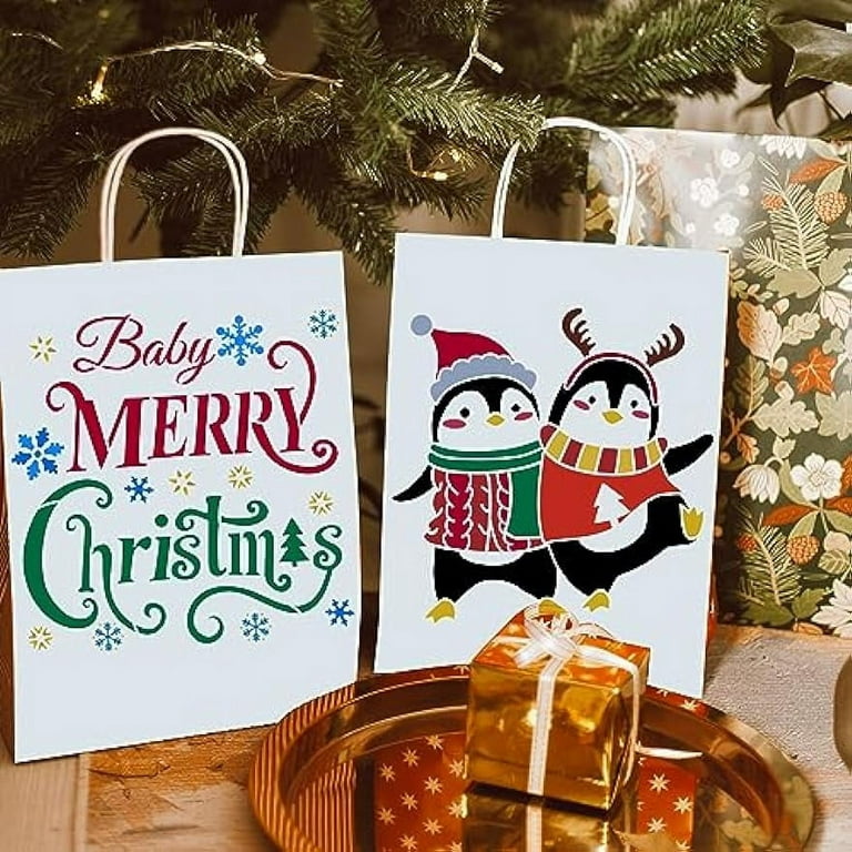 4 Pcs Christmas Penguin Painting Stencil 11.8x11.8inch Reusable Merry Christmas Drawing Template Plastic Christmas Tree Stencil Hollow Out Stencil for