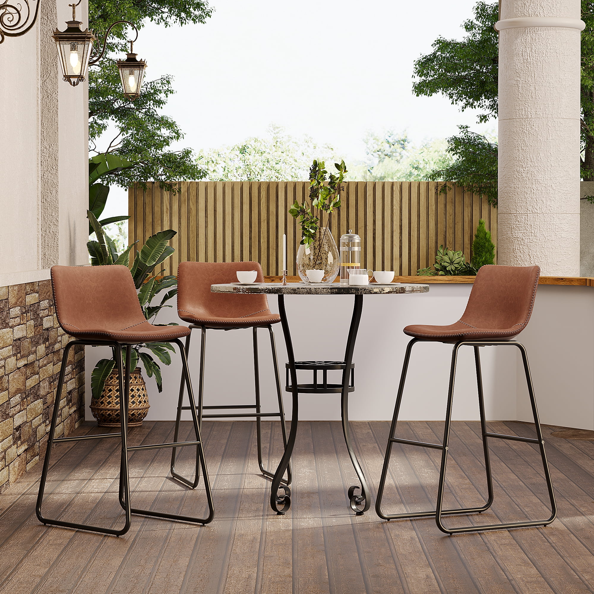 Aufeile 30" Counter Height Bar Stools Set of 3 – Modern Faux Leather Barstools with Back & Metal Legs, Kitchen Bar Chairs for Island, Dining Room, Dark Brown