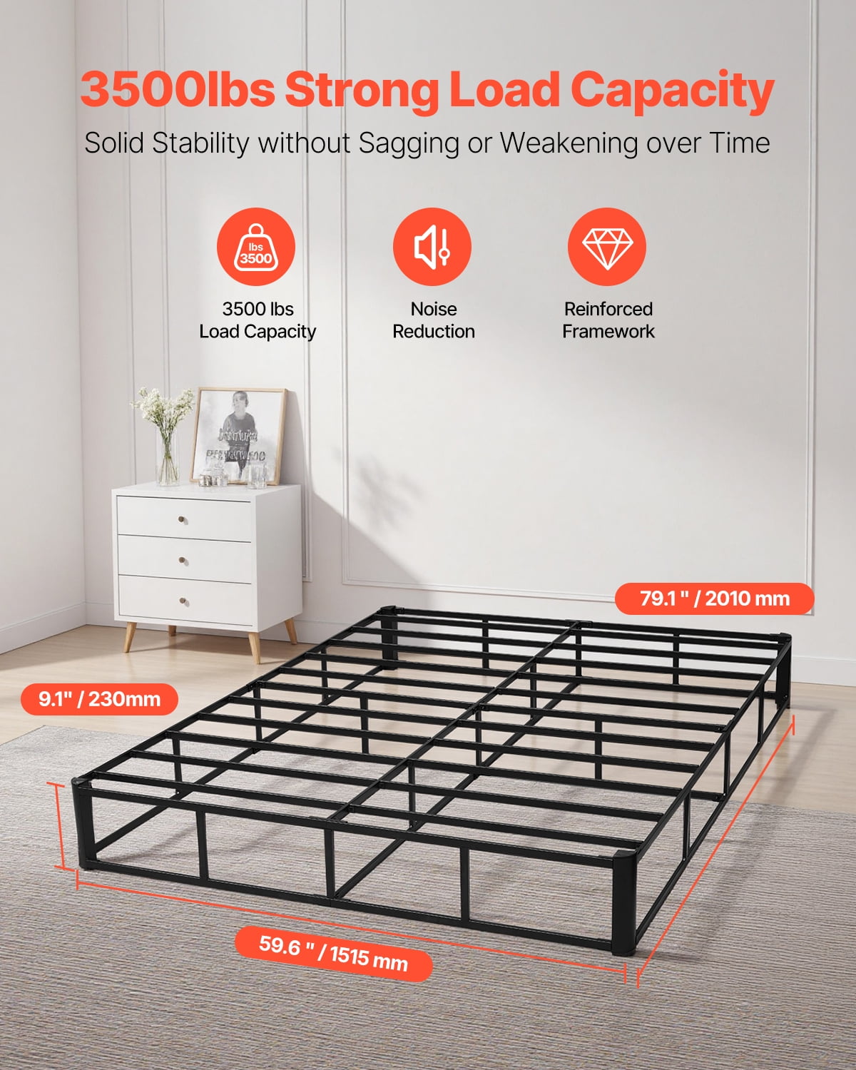 VEVOR Box Spring, Queen Size Bed Frame with Washable Fabric Cloth, Heavy Duty Metal Frame for Queen Bed, 9 in Mattress Foundation, 3500 lbs Max Weight Capacity, Easy Assembly