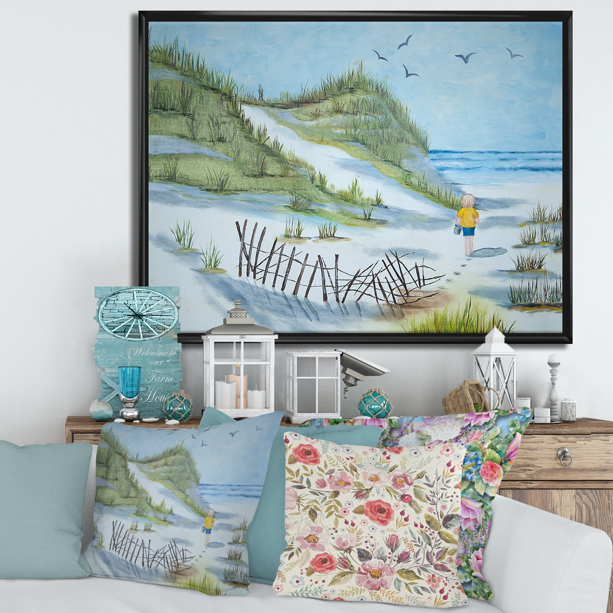 Designart 'Child Walking to The Beach' Nautical & Coastal Framed Canvas Wall Art Print