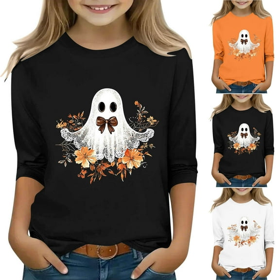 Feancey Cute Tops for Toddler Girls 3/4 Sleeve Halloween Shirts Teen Girl Casual Floral Ghost Print Graphic Tees Kids Funny T-Shirts Black 3-4Years
