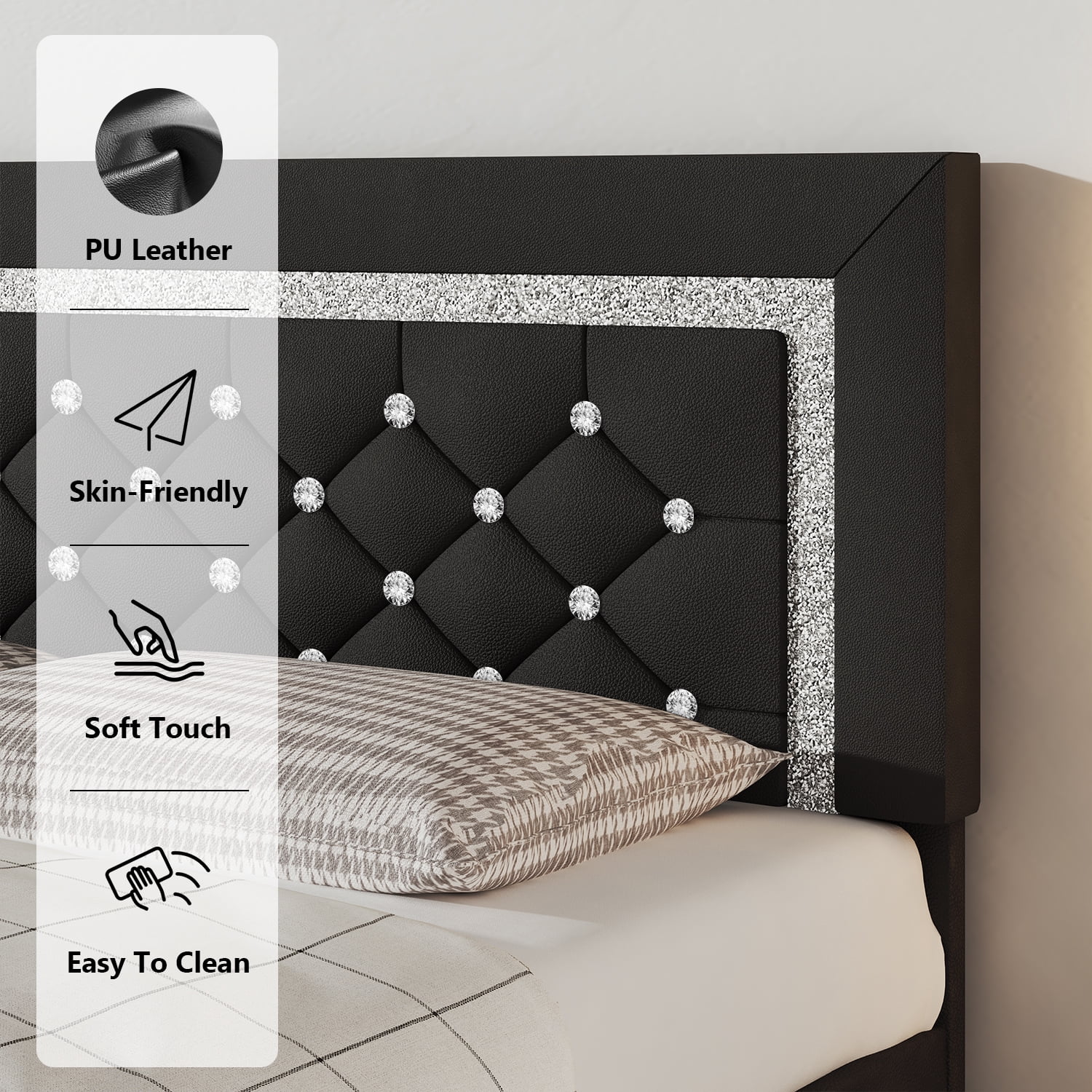 4 EVER WINNER King Bed Frame, Upholstered Platform Bed Frame with Headboard and Footboard, Diamond Headboard and Footboard Design, Black