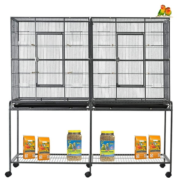 64" Extra Large Double Flight Bird Wrought Iron Double Cage Slide Out Center Divider Side Nesting Box Door Bird Parrot Cage Cockatiel Conure Bird Cage with Removable Rolling Stand Storage Shelf