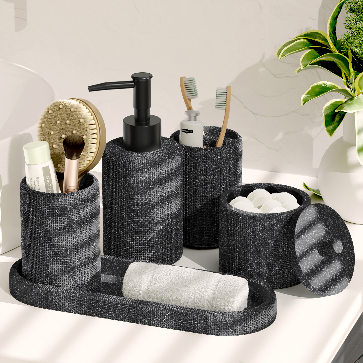 Lammaloe Coal Bathroom Accessories Sets and Shower Caddy for Bathroom Sets with Shower Curtain Sets for Bathroom Decor with Toothbrush Holder