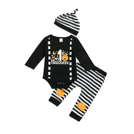 

Izhansean 3PCS Newborn Baby Boy My 1st Halloween Outfits Long Sleeve Romper+Pumpkin Striped Pants+Hat Set Black 9-12 Months