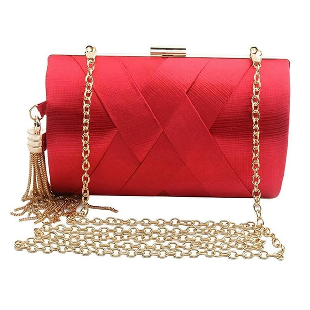 Qarigey Bolso de embrague de fiesta de noche de seda con colgante de borla elegante para mujer Bolsas de mensajero y de hombro Rojo