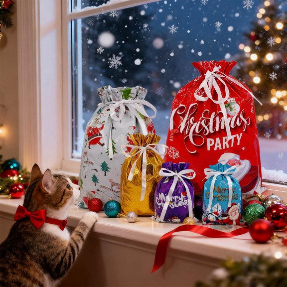 15pcs Christmas Drawstring Gift Bag Set - Festive Reusable Gift Packaging Bags, Cute Holiday Bags for Presents, Party Favors & Small Gifts, Durable Festive Gift Bags for Family & Friends, B