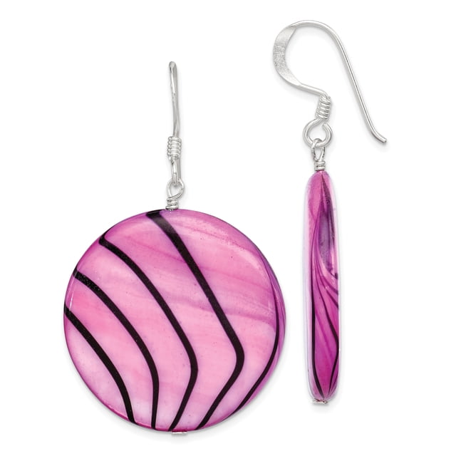 925 Sterling Silver Pink Black Mother Of Pearl Disc Drop Dangle Earrings Natural Stone Shell