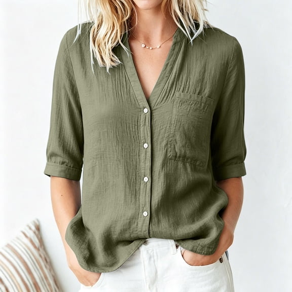 Warop Women's Summer Solid V Neck 3/4 Sleeve Top Single Pocket Button Shirt Blouse Tee Casual for Daily Office Wear