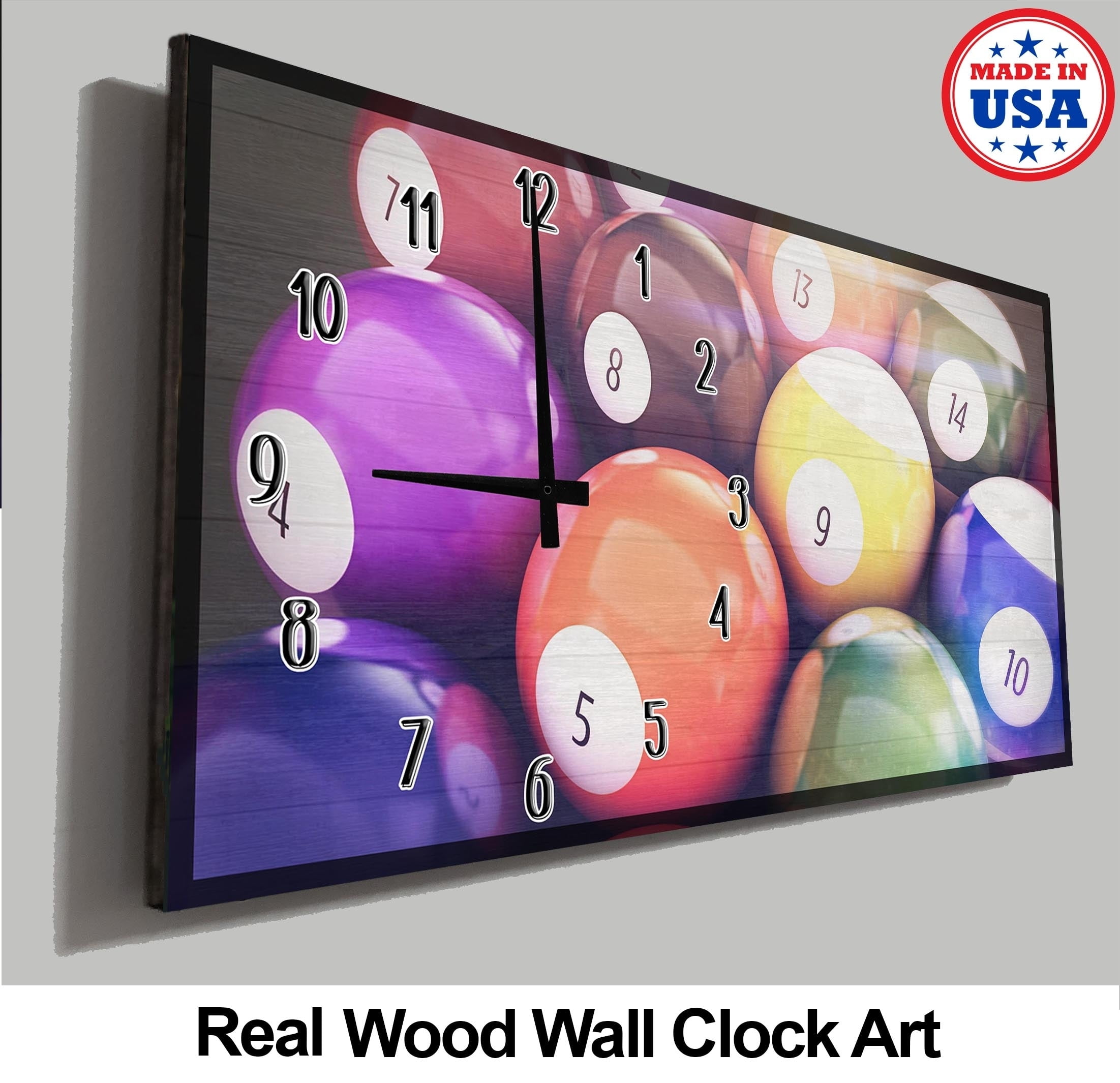 Man Cave Wall Clock Colorful Pool Balls Glaring Light Wood Wall Clock