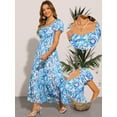 thumbnail image 2 of DARING DIVA Square Neck High Waist Smocked Back Flowy Tiered Maxi Dress L Blue, 2 of 6