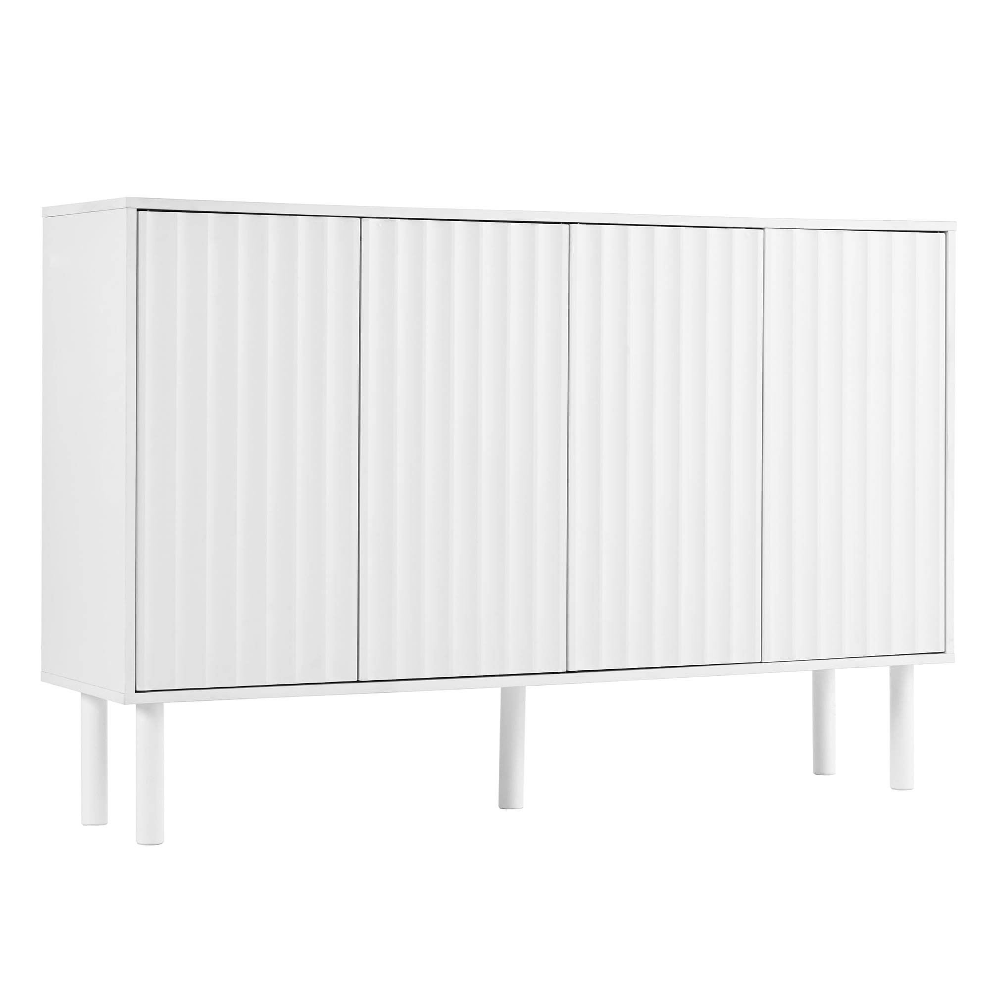 MAYEERTY Minimalist Shoe Cabinet with 5 Solid Wood Legs, Cream Style Sideboard Buffet Cabinet with Fluted Doors, Large 4-Door Storage Cabinet with Adjustable Shelves