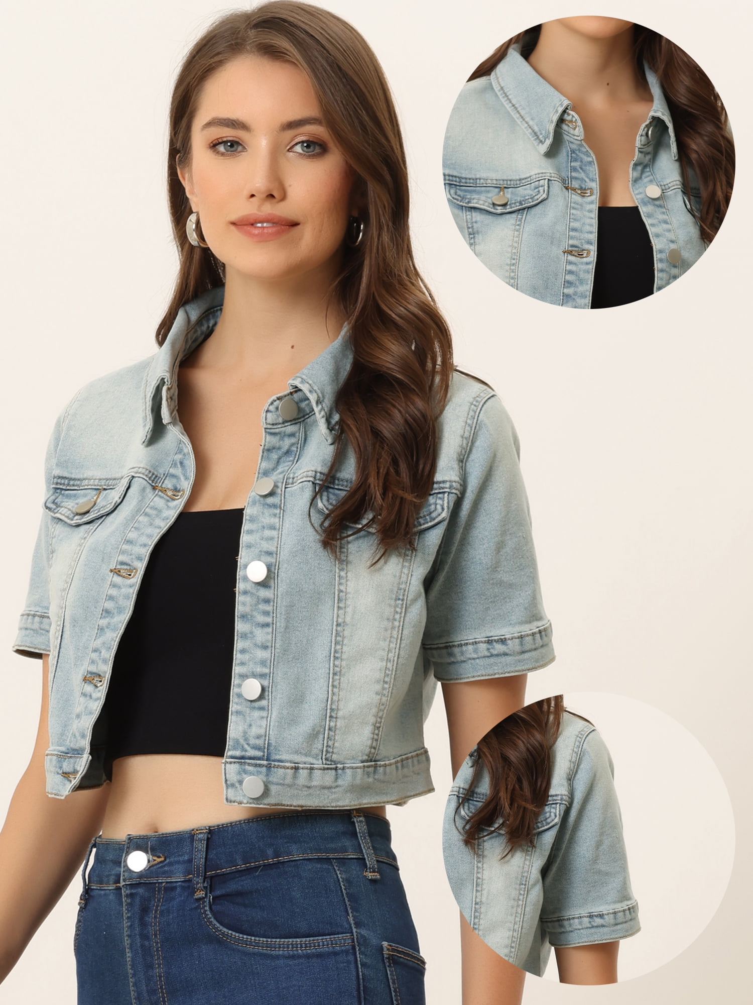 DARING DIVA Women's Short Sleeves Crop Button Down Denim Jacket S Grey Blue
