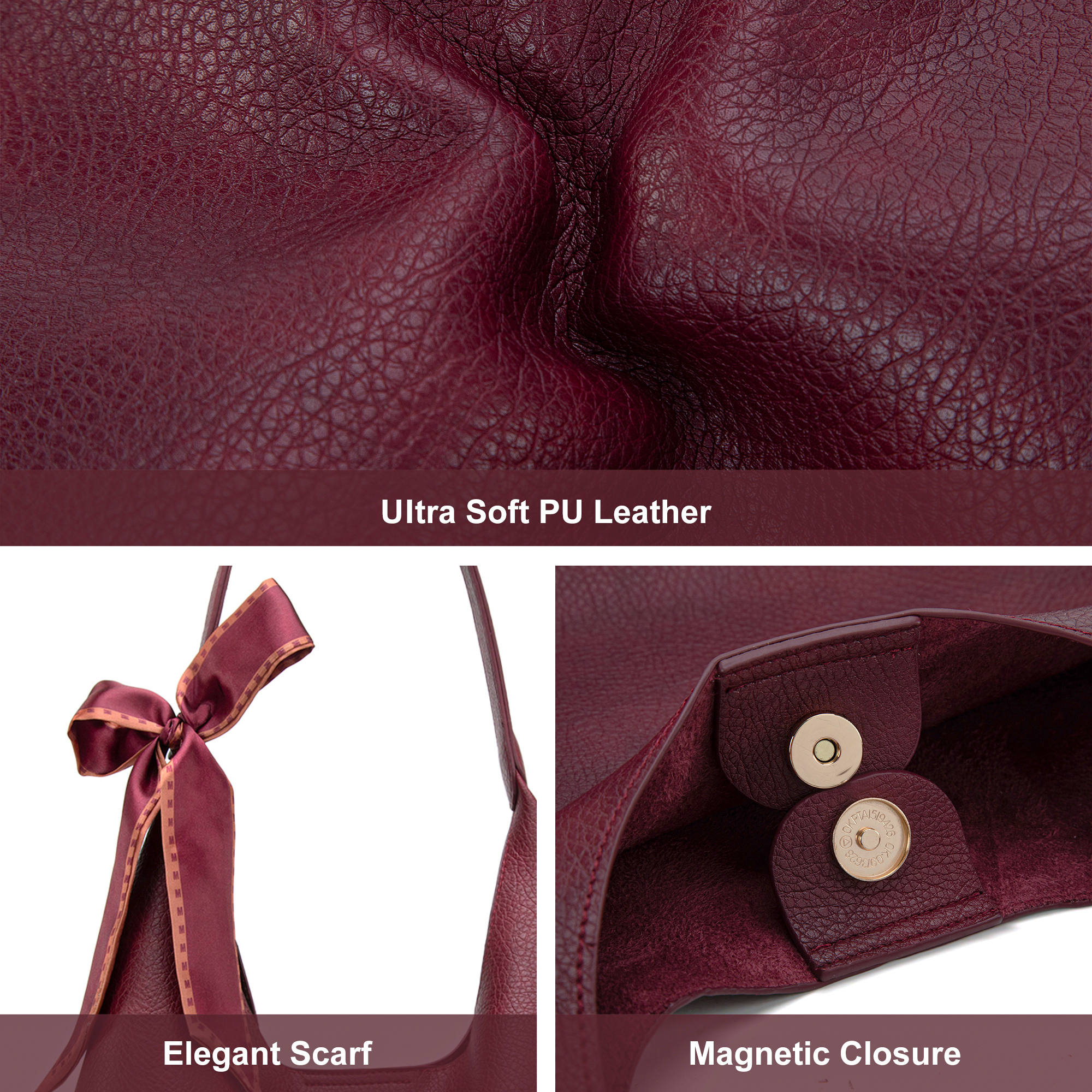 Montana West Slouchy Hobo Bag for Women Shoulder Purses and Handbags with Scarf, Burgundy