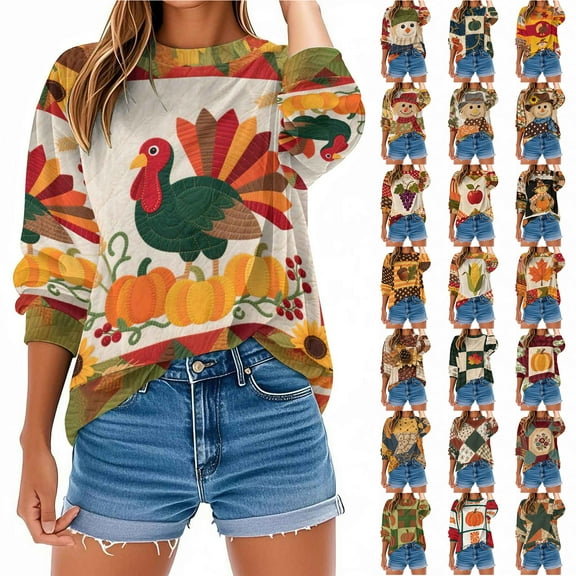 JTZGDY Thankgiving Day Sweatshirts for Women Teen Girls Vintage Turkey Pumpkin Maple Print Long Sleeve Crewneck Graphic T-Shirts Loose Lightweight Dressy Pullover Tops Multicolor#01 L