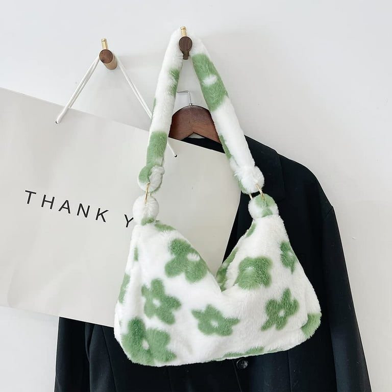 Cocopeaunt Fluffy Tote Bag Y2K Green Flower Plush Underarm Bag for Women Furry Shoulder Bag Faux Fur Tote Purse for Autumn Winter Adult Unisex Size