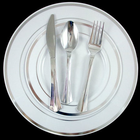 120 Bulk Dinner Wedding Disposable Plastic Plates Silverware Party Silver Rim (Best Menu For Pakistani Dinner Party)