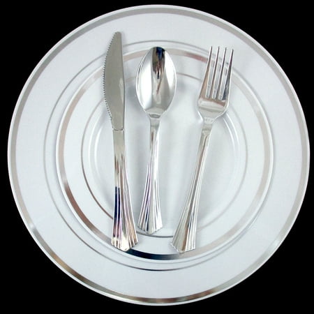 120 Bulk Dinner Wedding Disposable Plastic Plates Silverware Party