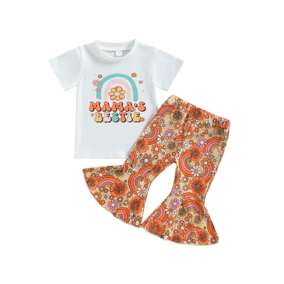 Bagilaanoe 2Pcs Toddler Baby Girl Long Pants Set Rainbow Letter Print Short Sleeve T-Shirts Tops   Floral Flare Trousers 6M 12M 18M 24M 3T 4T Kids Casual Outfits
