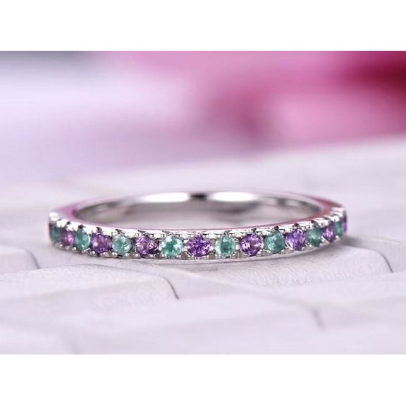 Alexandrite Amethyst Wedding Band Half Eternity Wedding Art Deco Matching Ring 925 Sterling Silver Gemstone Jewelry For Women Gift