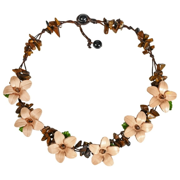 AeraVida Blooming Flower Garden Lei Inspired Handmade Brown Leather and Tiger's Eye Stone Choker Style Toggle Floral Necklace Jewelry Gifts for Women