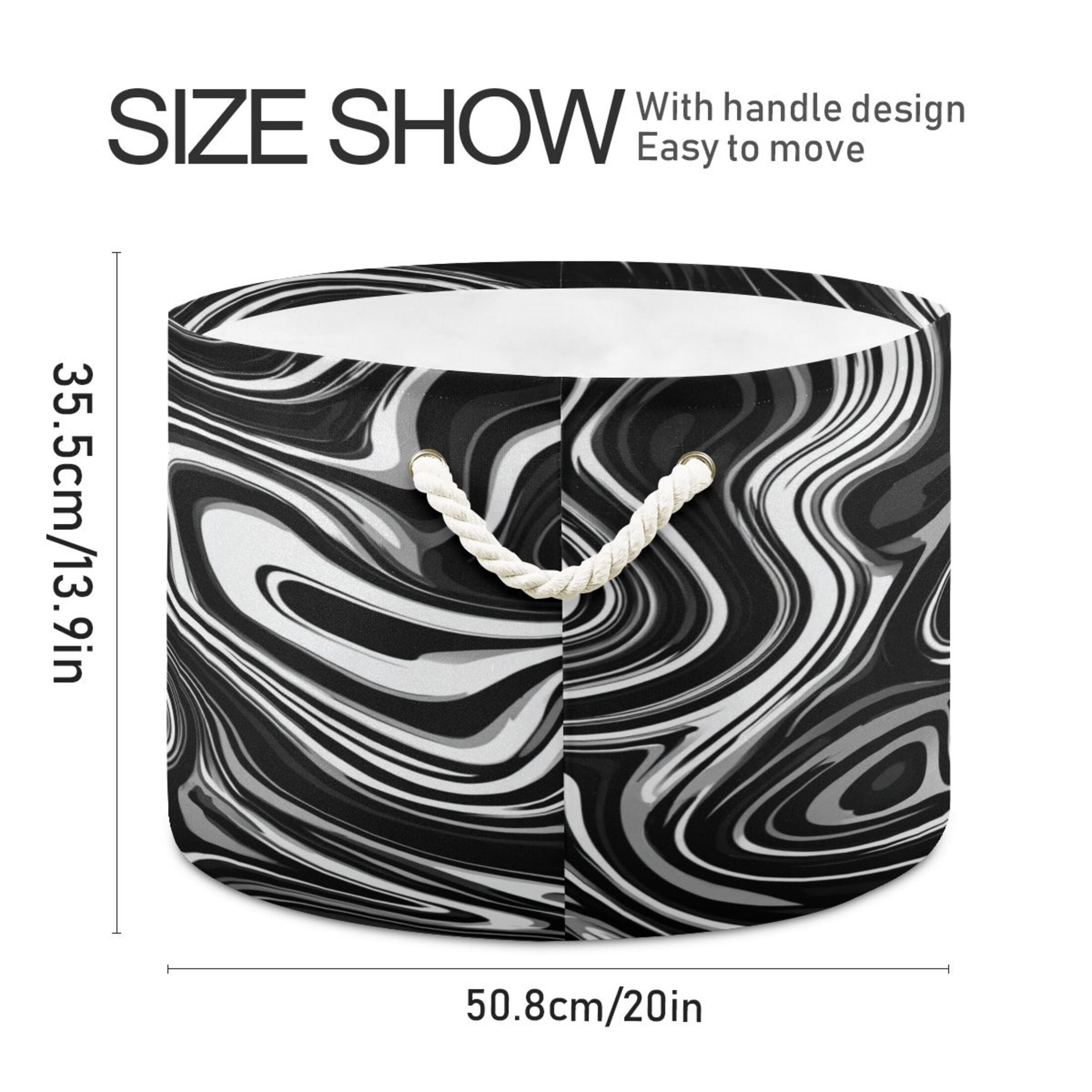 Round Toy Storage Basket Foldable Storage Basket for Home Decor Laundry Basket20" x 14" Matte Black Flowing Lines