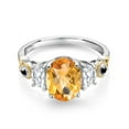 thumbnail image 2 of Gem Stone King 925 Silver and 10K Yellow Gold 3-Stone Ring Oval Checkerboard Yellow Citrine and Moissanite (2.16 Cttw, Size 5), 2 of 3