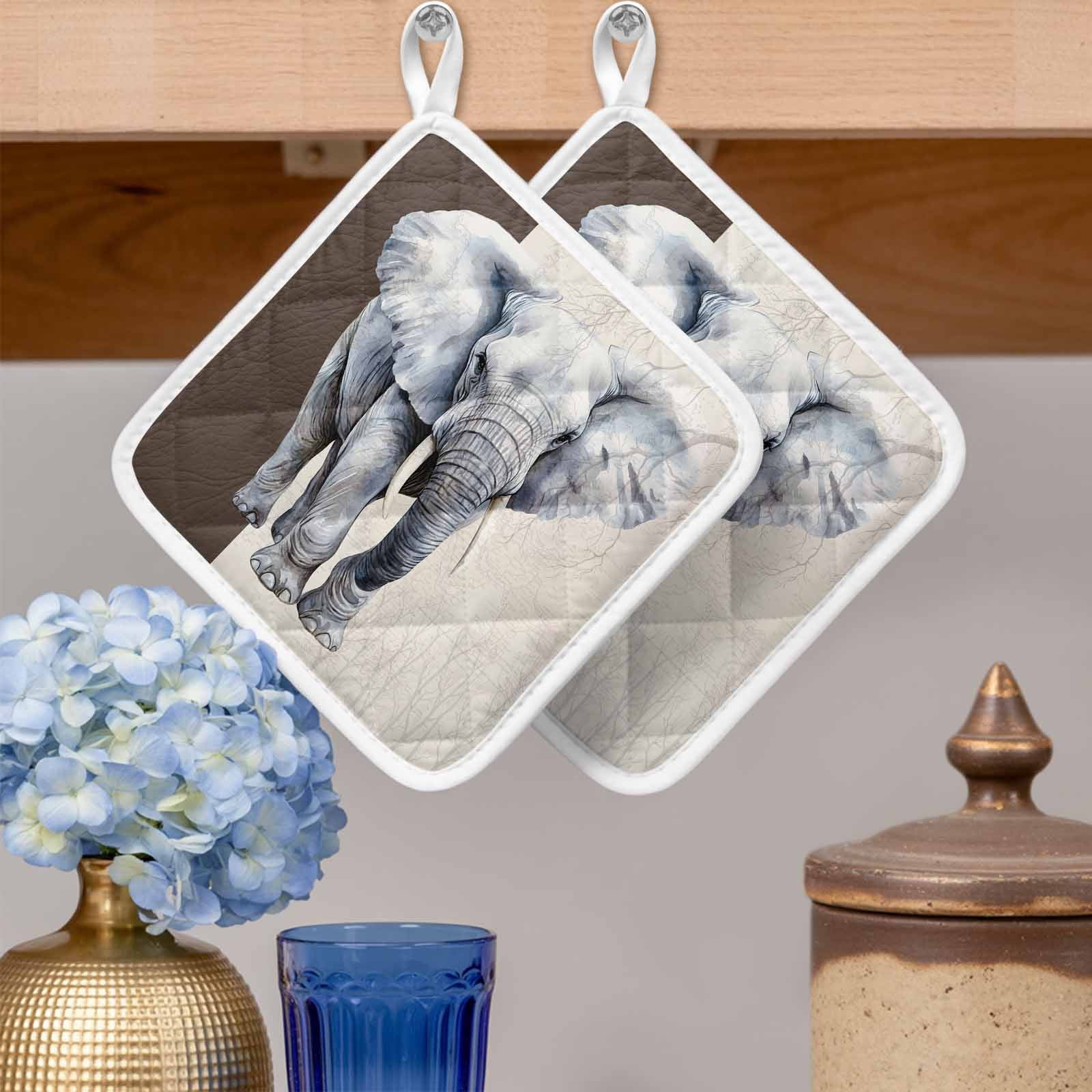 Vintage Elephant Pot Holders for Kitchen Heatproof Potholder, 3 Pack Modern Art Animal Watercolor Hot Pads Multipurpose Oven Pads Cloth Potholders Trivet for Cooking Baking