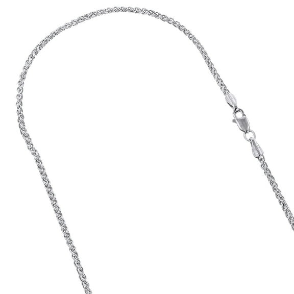 14K Solid White Gold 2.1mm Wide Round Wheat Chain 16 Necklace with Lobster Clasp