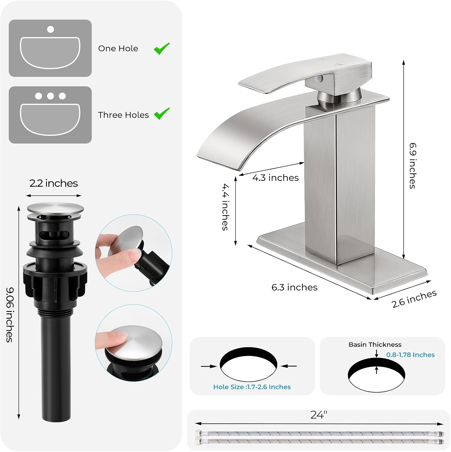 Brushed Nickel Bathroom Faucets, Waterfall Bathroom Sink Faucet Modern Single Handle Bathroom Faucte 1 or 3 Hole, RV Mixer Tap Vanity Faucet - Includes Pop-up Drain Supply Hoses Deck Plate