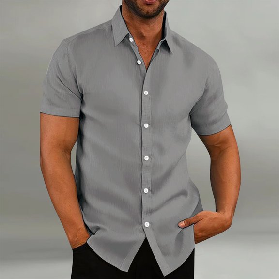 Basic Mens Short Sleeve Cotton Linen Shirt Button Up Turn Down Collar Casual Summer Beach Vacation Breathable Solid Shirt Gray 3XL