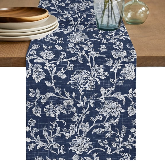 Table Runners 36 Inches Long Dress Scarves, Botanical Rose Farmhouse Kitchen/Dining Table Decor Table Runner, Short Coffee Tablerunners, Vintage Navy Blue Floral Leaf Summer Farmhouse 13x36 Inch