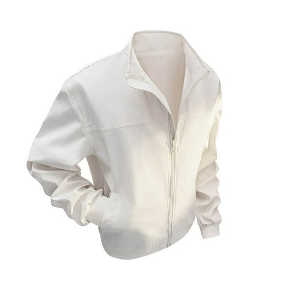 YLSDY Men's Stand Collar Flight Jacket Zip Up Long Sleeve Pockets Jackets Vintage Casual Fall Solid Color Motorcycle Jacket White XXL