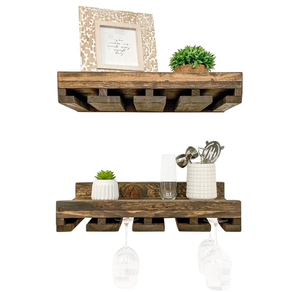 Unbranded Home LLC Rustic Luxe Stemware Wall Mounted Wine Rack Shelves, Set of 2 20 in. - Dark Brown