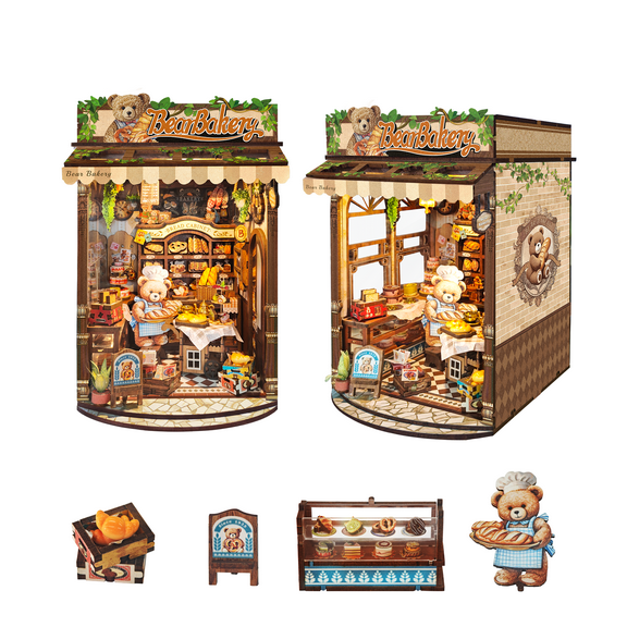 Strucwood DIY Book Nook Kit Bear Bakery Wooden Puzzles with LED Dust Cover,3D Crafts Hobbies,Gifts for Adults（SQ-65）