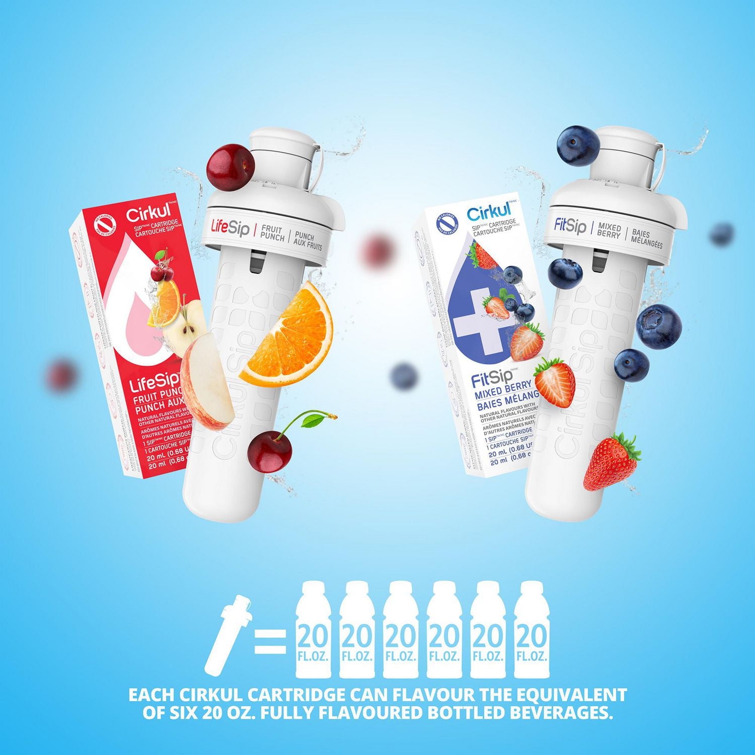 Cirkul 22oz White Stainless Steel Water Bottle Starter Kit with Blue Lid and 2 Flavour Cartridges (Fruit Punch & Mixed Berry)