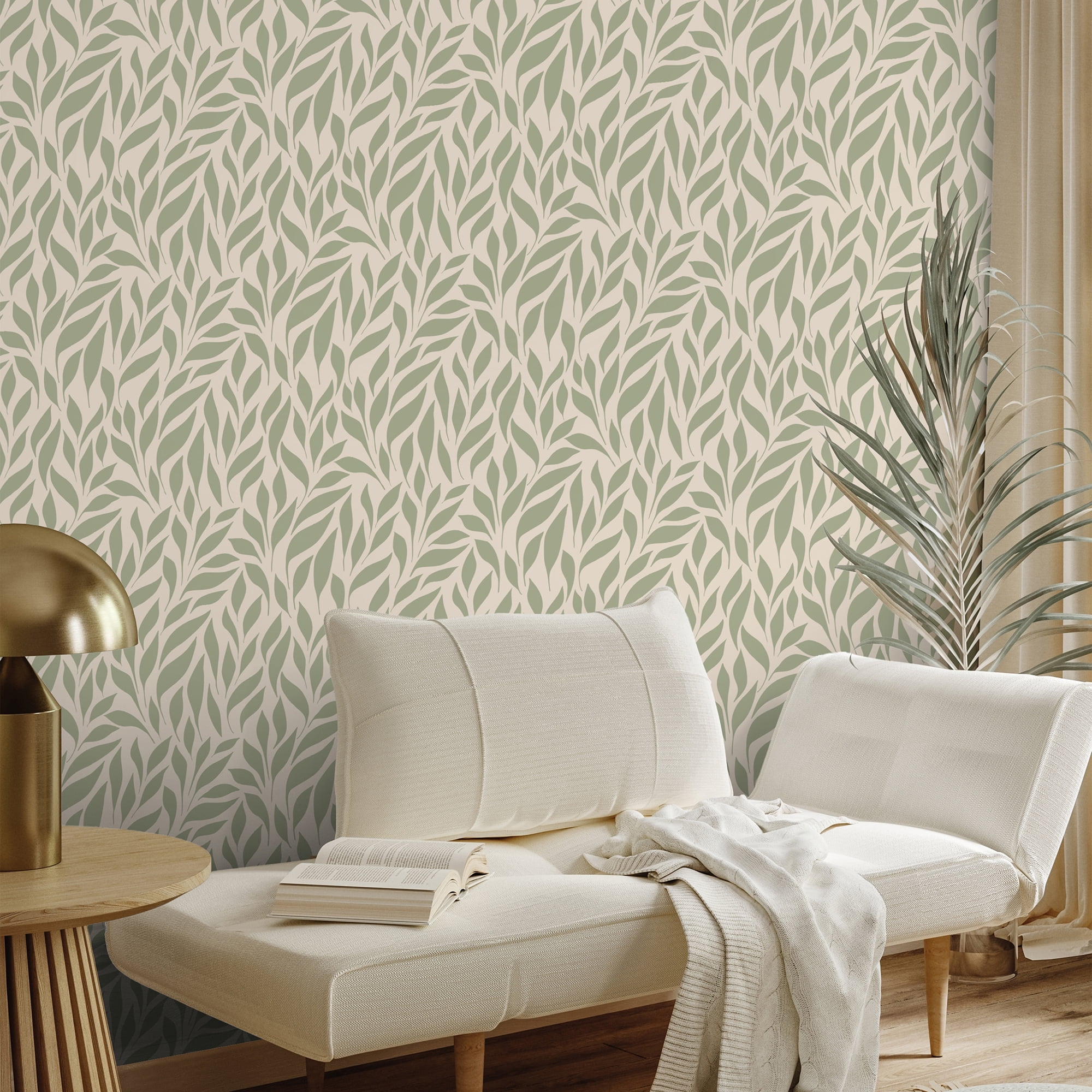 SimurgWallArts - Botanical Peel and Stick Vinyl Nursery Wallpaper – Soft Green Leaf Wall Mural, 19 x 118 in Roll, Covers 15.57 Sq.Ft.