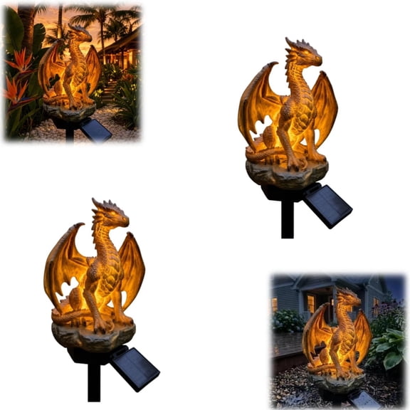 18 Inch Dragon Legacy Golden Ember Edition Solar Garden Light, Durable Resin Weather-resistant Yard Lamp, Fantasy Style Outdoor Decor for Garden Porches and Summer Halloween Decorations, 2Pcs
