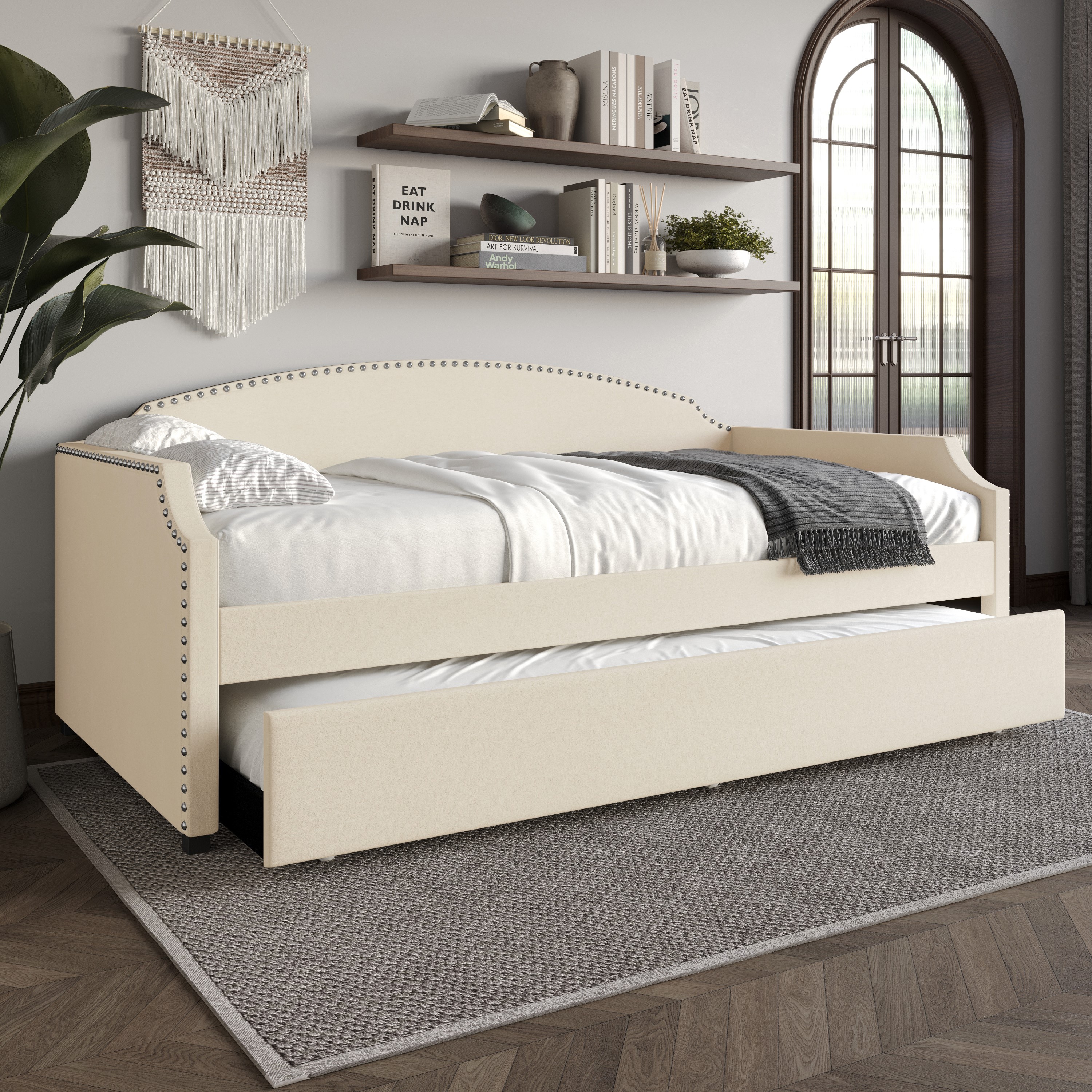 Home Design Kilgore Twin Daybed, Beige Velvet, Scooped Backrest, Chrome Nailhead Trim, Foam Padding, Pull-Out Trundle for Stylish Seating & Sleeping