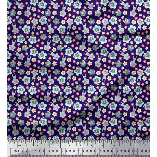 Soimoi Cotton Duck Fabric Tortoise,Rabbit & Panda Kids Print Sewing Fabric Yard 42 Inch Wide