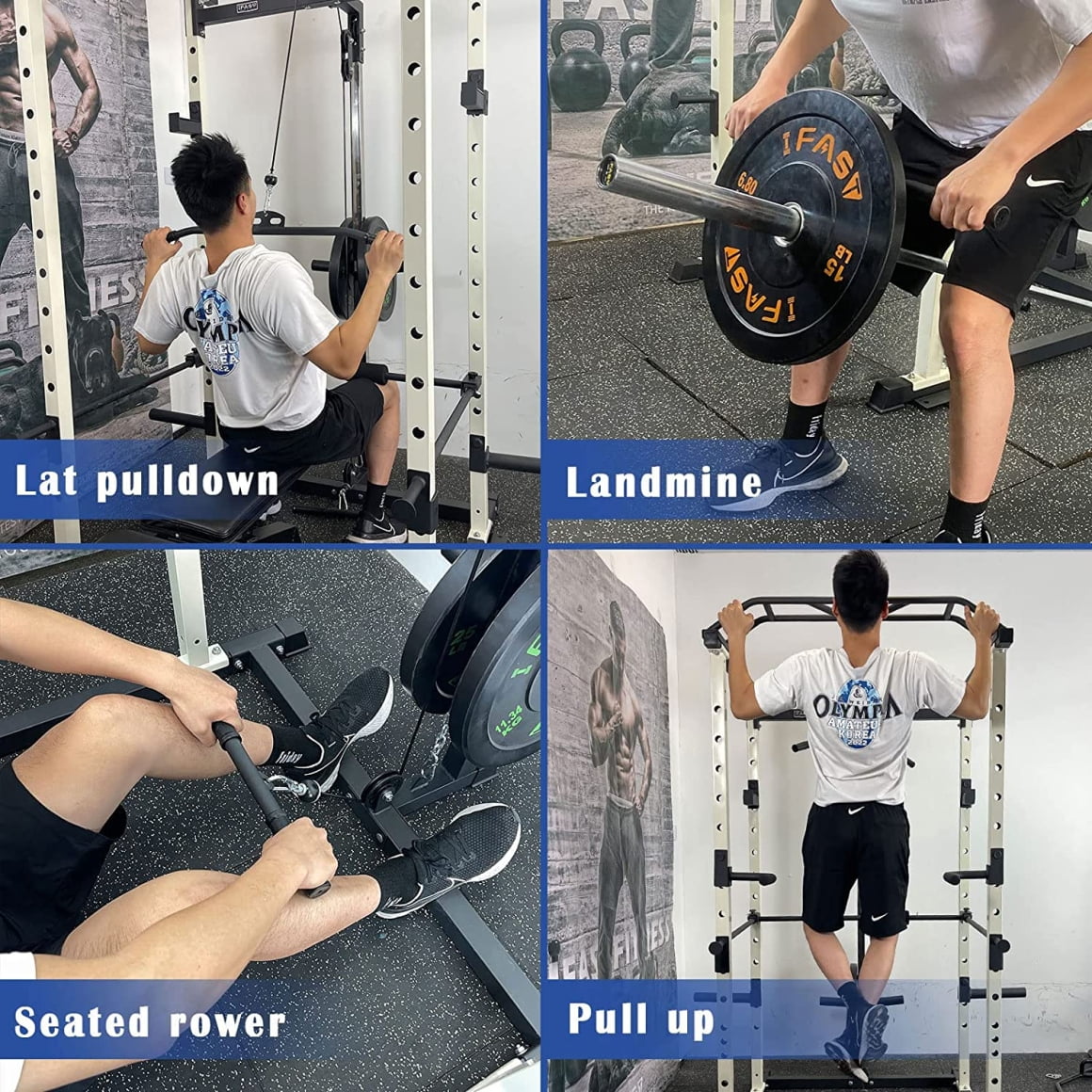 Multi-Function Squat Rack Power Cage, Home Adjustable Pullup Squat Rack, 1000Lbs Capacity Comprehensive Fitness Barbell Rack, for Garage Workout & Home Gym, Black+Blue